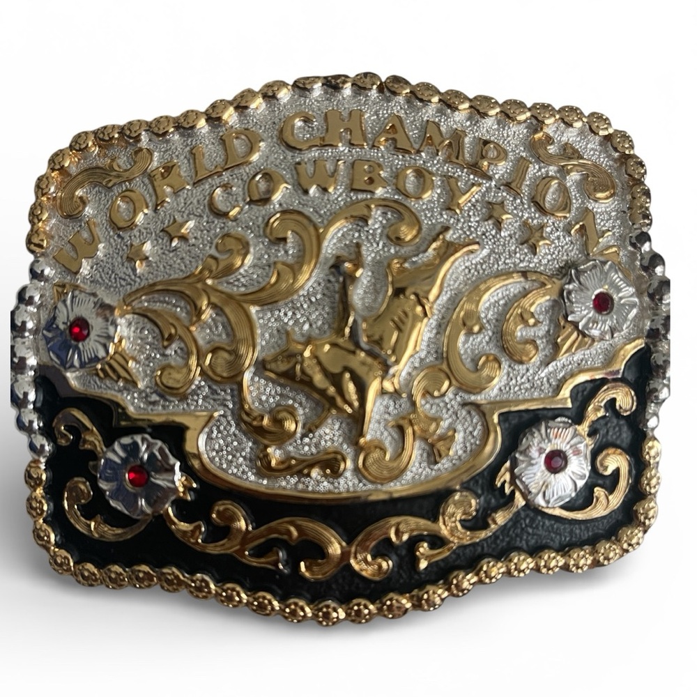 Mexican “WORLD CHAMPION COWBOY” Belt Buckle Silver Gold Red Black Made In Mexico